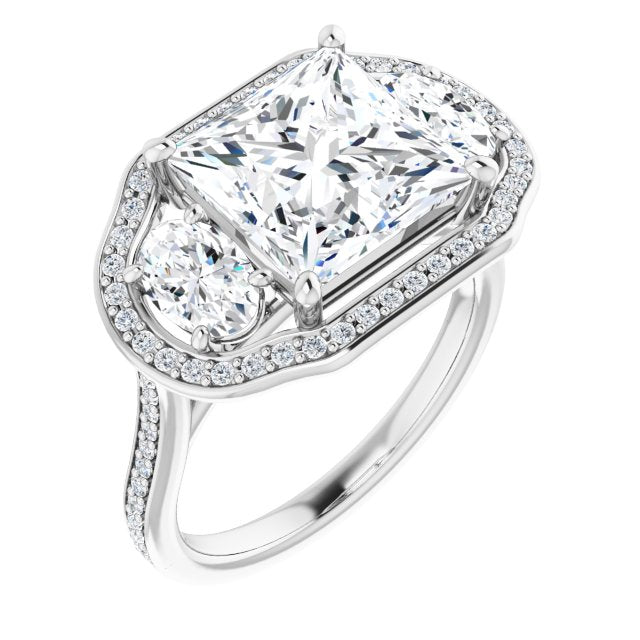 10K White Gold Customizable Princess/Square Cut Style with Oval Cut Accents, 3-stone Halo & Thin Shared Prong Band