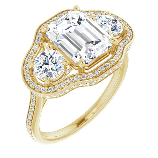 10K Yellow Gold Customizable 3-stone Emerald/Radiant Cut Design with Multi-Halo Enhancement and 150+-stone Pavé Band