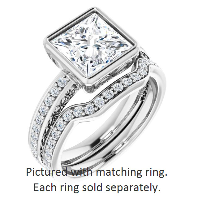 Cubic Zirconia Engagement Ring- The Araceli (Customizable Bezel-set Princess/Square Cut Design with Cloud-pattern Band & Semi-Eternity Accents)
