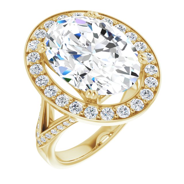 10K Yellow Gold Customizable Oval Cut Center with Large-Accented Halo and Split Shared Prong Band