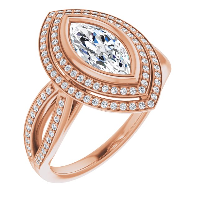 10K Rose Gold Customizable Bezel-set Marquise Cut Style with Double Halo and Split Shared Prong Band