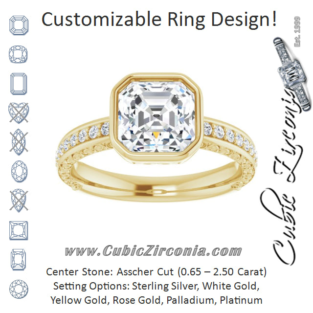 Cubic Zirconia Engagement Ring- The Araceli (Customizable Bezel-set Asscher Cut Design with Cloud-pattern Band & Semi-Eternity Accents)