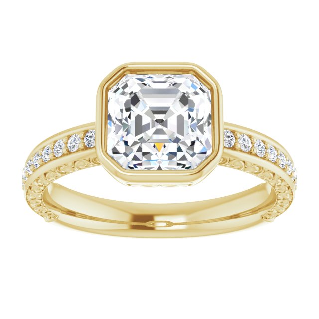 Cubic Zirconia Engagement Ring- The Araceli (Customizable Bezel-set Asscher Cut Design with Cloud-pattern Band & Semi-Eternity Accents)