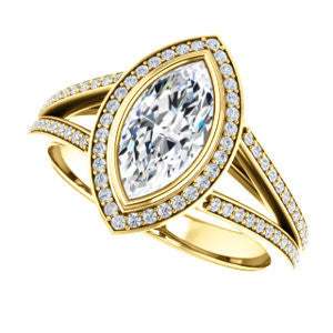 Cubic Zirconia Engagement Ring- The Kay Adaira (Customizable Bezel-set Marquise Cut with Halo and Split-Pavé Band)