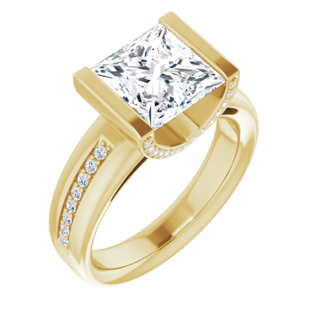 10K Yellow Gold Customizable Cathedral-Bar Princess/Square Cut Design featuring Shared Prong Band and Prong Accents