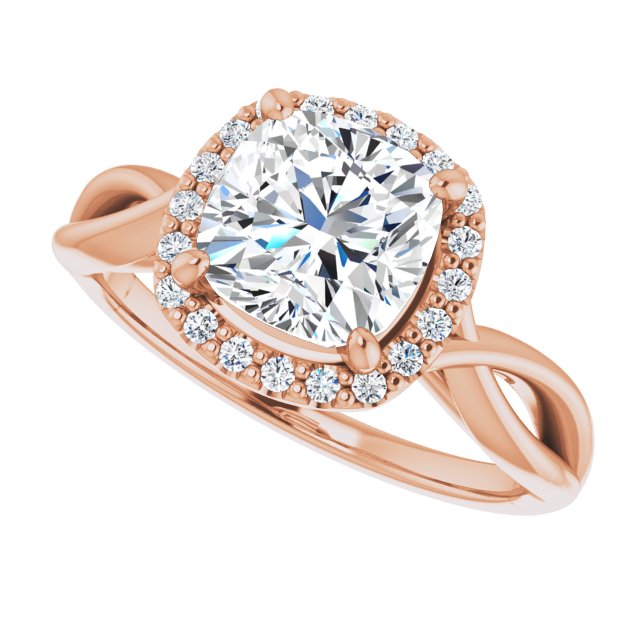 Cubic Zirconia Engagement Ring- The Yawén (Customizable Cathedral-Halo Cushion Cut Design with Twisting Split Band)