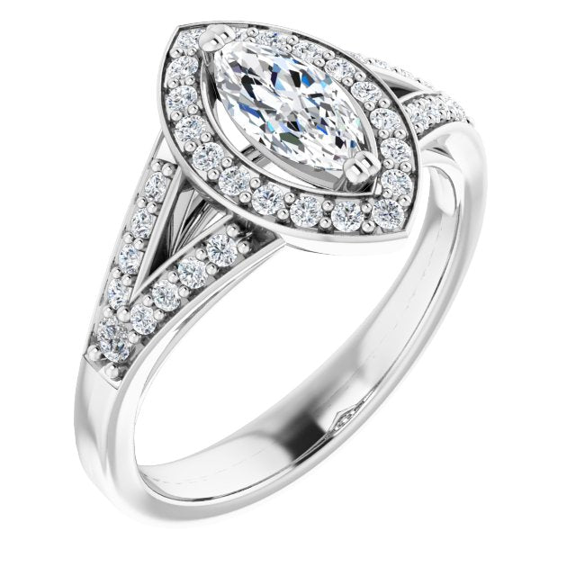 10K White Gold Customizable Cathedral-set Marquise Cut Style with Accented Split Band and Halo