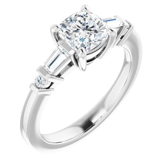 10K White Gold Customizable 5-stone Baguette+Round-Accented Cushion Cut Design)