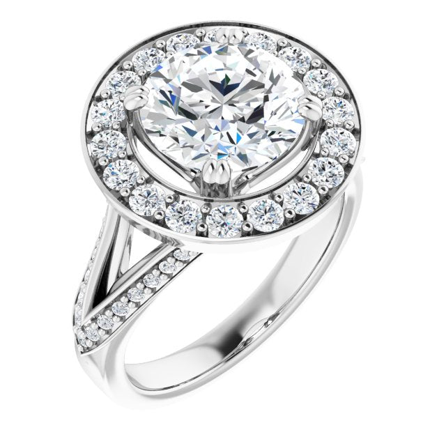 18K White Gold Customizable Round Cut Center with Large-Accented Halo and Split Shared Prong Band