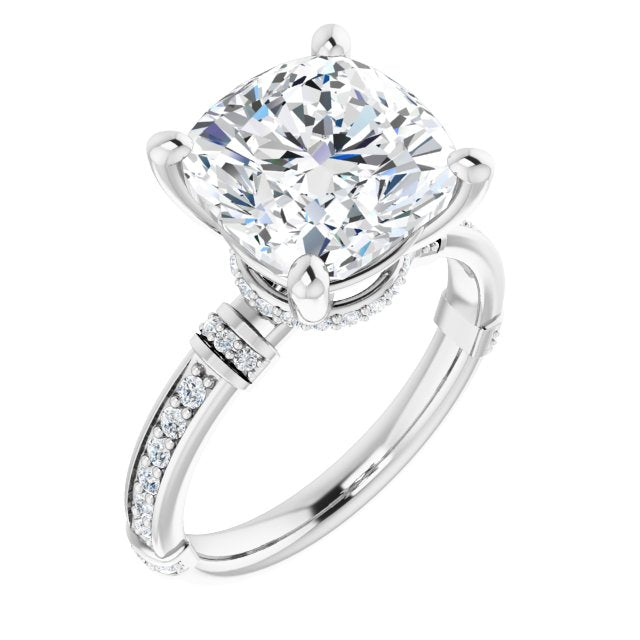10K White Gold Customizable Cushion Cut Style featuring Under-Halo, Shared Prong and Quad Horizontal Band Accents