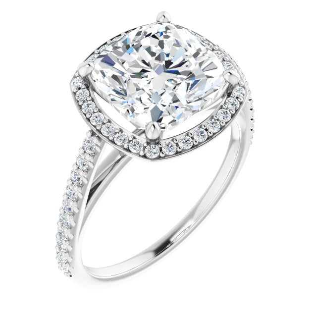 10K White Gold Customizable Cushion Cut Design with Halo and Thin Pavé Band