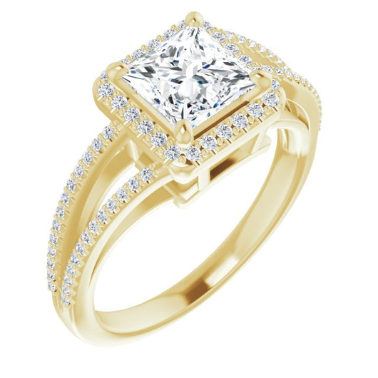 10K Yellow Gold Customizable Princess/Square Cut Vintage Design with Halo Style and Asymmetrical Split-Pavé Band