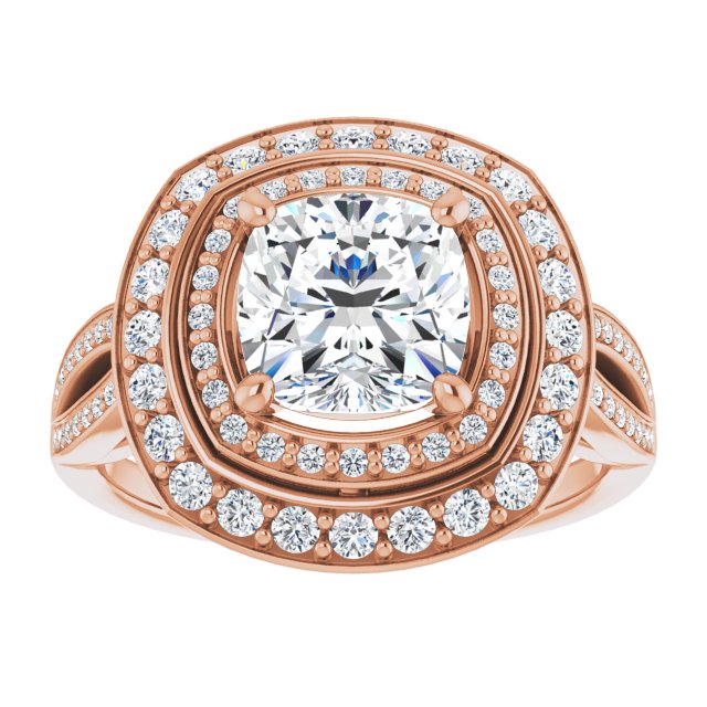 Cubic Zirconia Engagement Ring- The Henrika (Customizable Cathedral-style Cushion Cut Design with Double Halo & Split-Pavé Band)