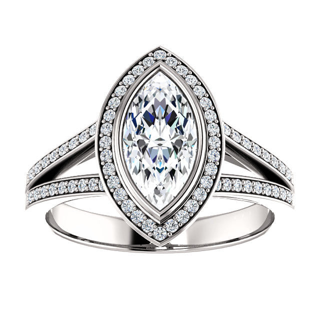 Cubic Zirconia Engagement Ring- The Josefina (Customizable Halo-Style Marquise Cut with Wide Split-Band Pavé)