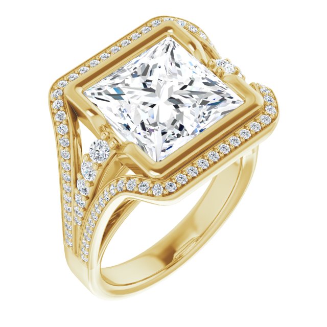 10K Yellow Gold Customizable Cathedral-Bezel Princess/Square Cut Design with Wide Triple-Split-Pavé Band