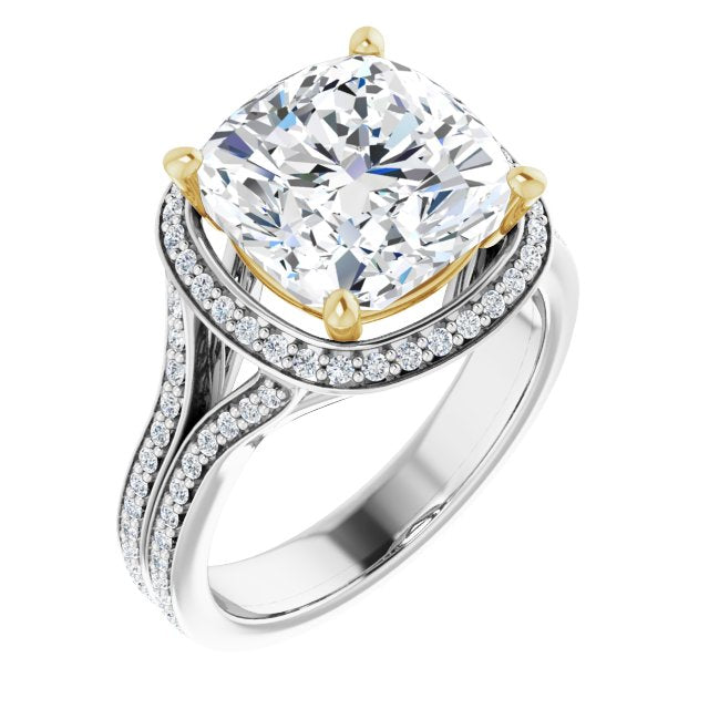 14K White & Yellow Gold Customizable Cathedral-raised Cushion Cut Setting with Halo and Shared Prong Band