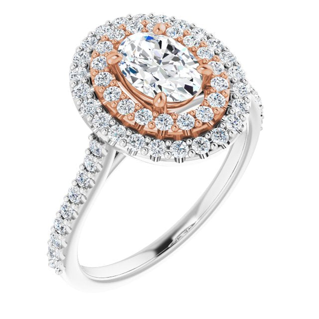 14K White & Rose Gold Customizable Double-Halo Oval Cut Design with Accented Split Band