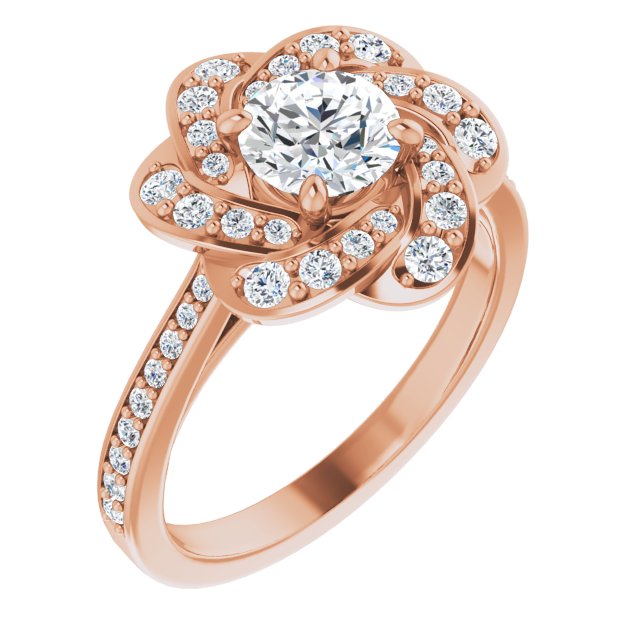 10K Rose Gold Customizable Cathedral-raised Round Cut Design with Floral/Knot Halo and Thin Accented Band