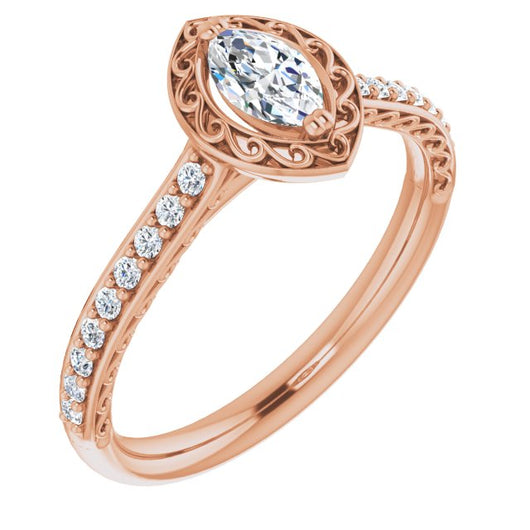 10K Rose Gold Customizable Marquise Cut Halo Design with Filigree and Accented Band