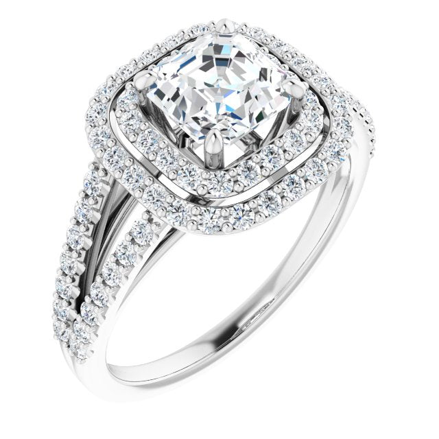 10K White Gold Customizable Asscher Cut Design with Double Halo and Wide Split-Pavé Band
