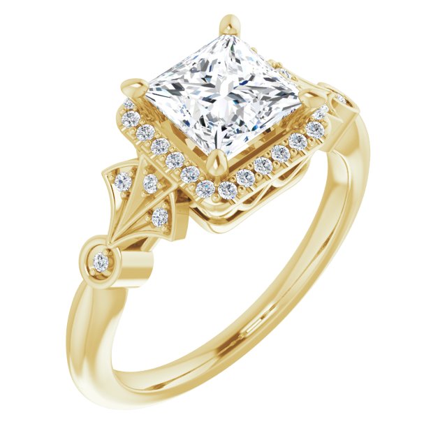 10K Yellow Gold Customizable Cathedral-Crown Princess/Square Cut Design with Halo and Scalloped Side Stones