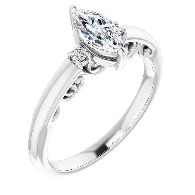 10K White Gold Customizable Marquise Cut 3-stone Style featuring Heart-Motif Band Enhancement