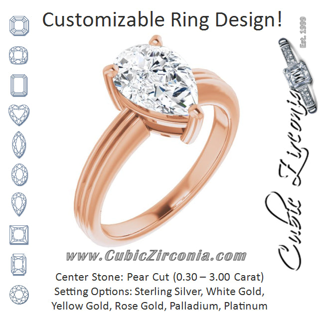 Cubic Zirconia Engagement Ring- The Davina (Customizable Pear Cut Solitaire with Double-Grooved Band)