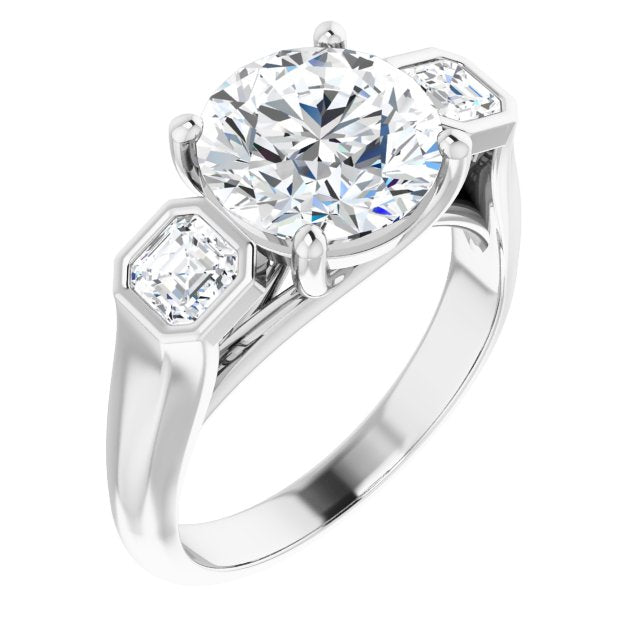10K White Gold Customizable 3-stone Cathedral Round Cut Design with Twin Asscher Cut Side Stones
