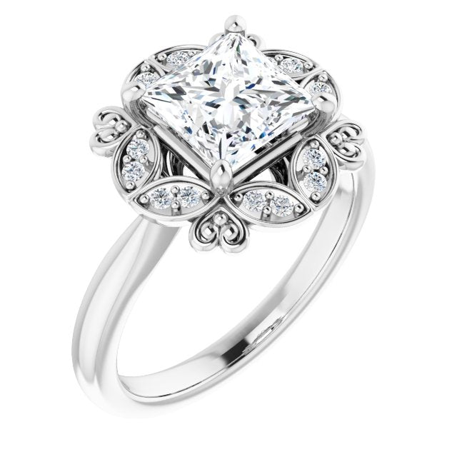 14K White Gold Customizable Princess/Square Cut Design with Floral Segmented Halo & Sculptural Basket