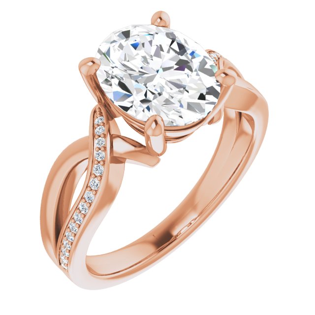 10K Rose Gold Customizable Oval Cut Center with Curving Split-Band featuring One Shared Prong Leg