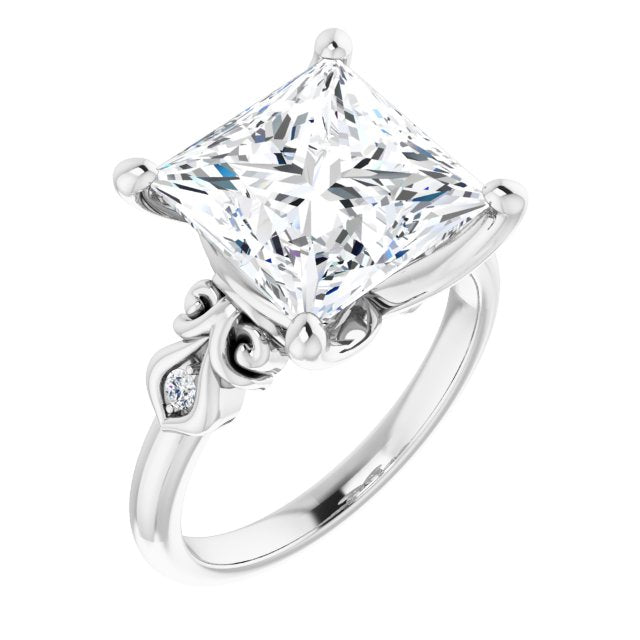 10K White Gold Customizable 3-stone Princess/Square Cut Design with Small Round Accents and Filigree