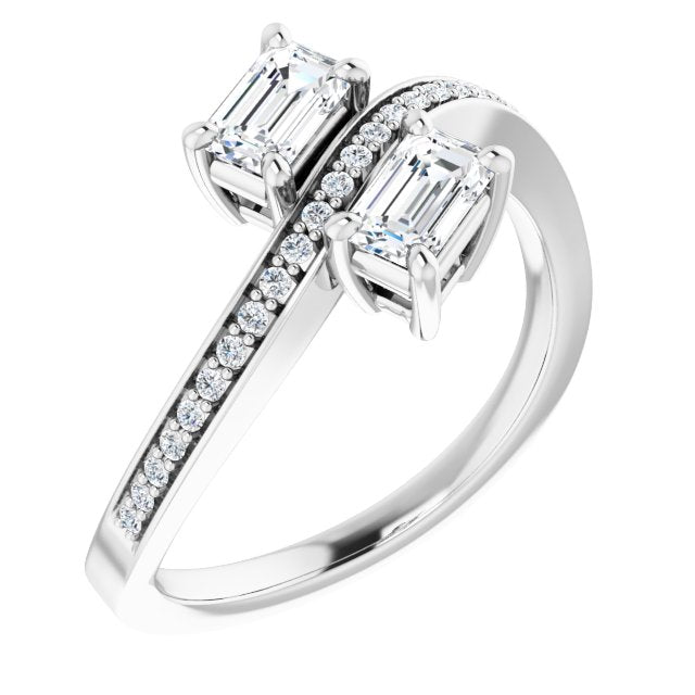 10K White Gold Customizable 2-stone Emerald/Radiant Cut Bypass Design with Thin Twisting Shared Prong Band