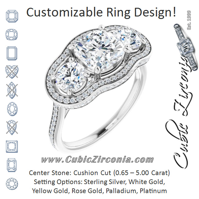Cubic Zirconia Engagement Ring- The Iekika (Customizable 3-stone Cushion Cut Design with Multi-Halo Enhancement and 150+-stone Pavé Band)