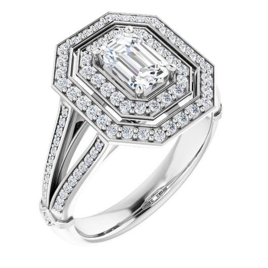 10K White Gold Customizable Cathedral-set Emerald/Radiant Cut Design with Double Halo, Wide Split-Shared Prong Band and Side Knuckle Accents
