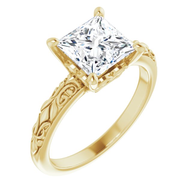 10K Yellow Gold Customizable Princess/Square Cut Solitaire featuring Delicate Metal Scrollwork