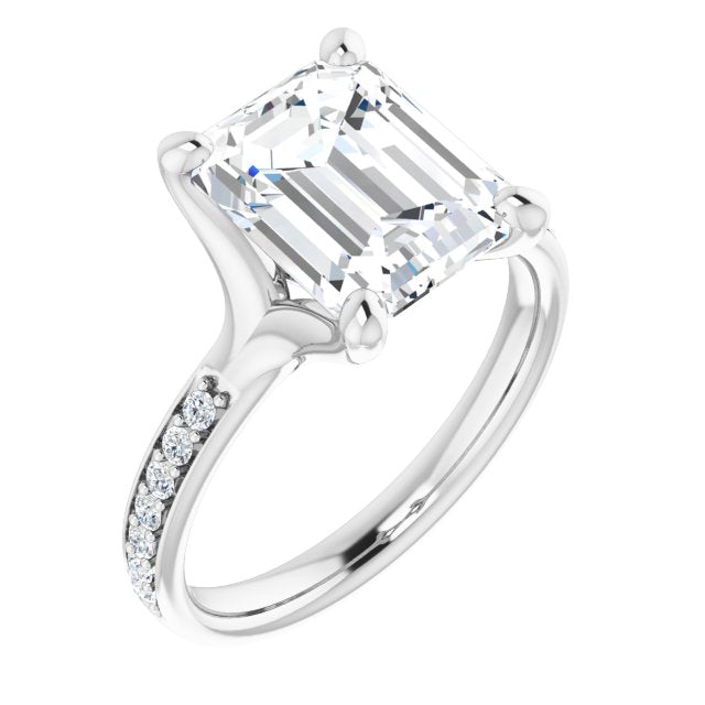 10K White Gold Customizable Heavy Prong-Set Emerald/Radiant Cut Style with Round Cut Band Accents