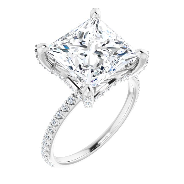 10K White Gold Customizable Princess/Square Cut Design with Round-Accented Band, Micropav? Under-Halo and Decorative Prong Accents)
