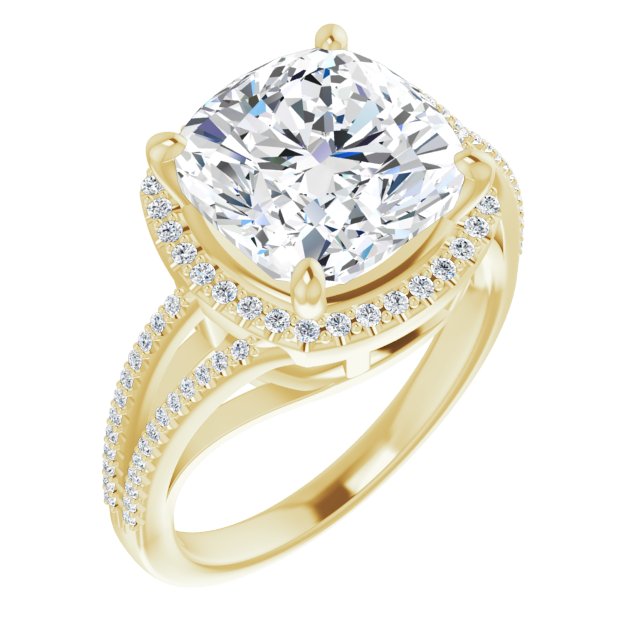 10K Yellow Gold Customizable Cushion Cut Vintage Design with Halo Style and Asymmetrical Split-Pavé Band