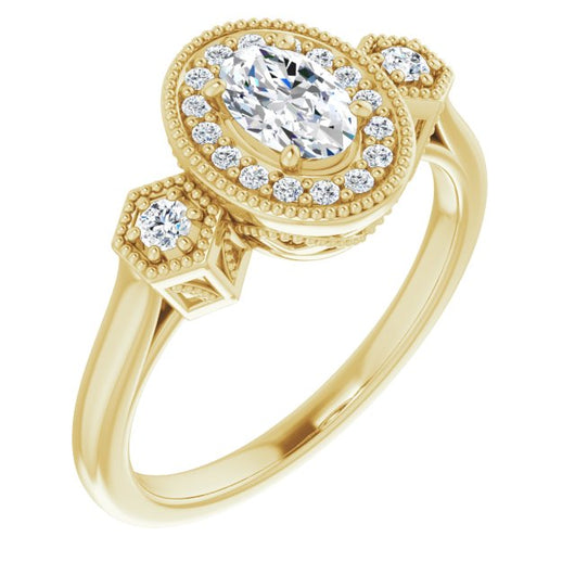 10K Yellow Gold Customizable Cathedral Oval Cut Design with Halo and Delicate Milgrain