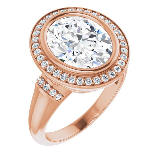 10K Rose Gold Customizable Bezel-set Oval Cut Design with Halo and Vertical Round Channel Accents