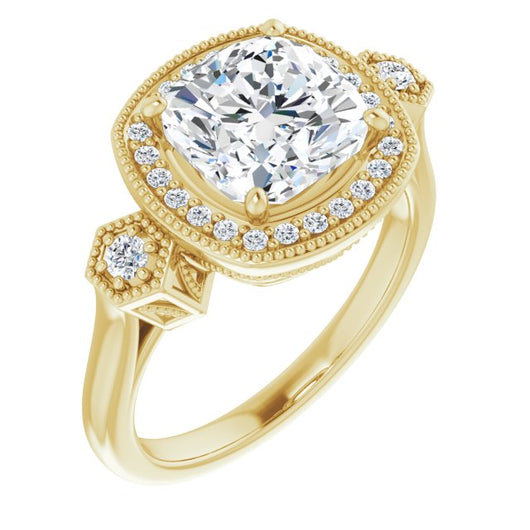 10K Yellow Gold Customizable Cathedral Cushion Cut Design with Halo and Delicate Milgrain
