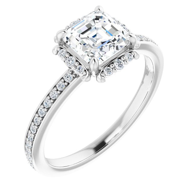 10K White Gold Customizable Asscher Cut Style with Halo and Thin Shared Prong Band