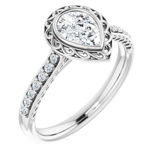 10K White Gold Customizable Cathedral-Bezel Pear Cut Design featuring Accented Band with Filigree Inlay
