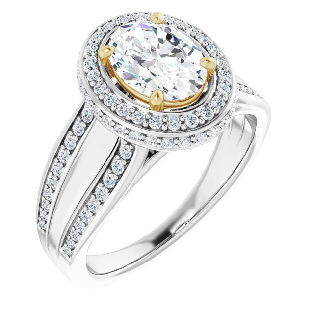14K White & Yellow Gold Customizable Halo-style Oval Cut with Under-halo & Ultra-wide Band