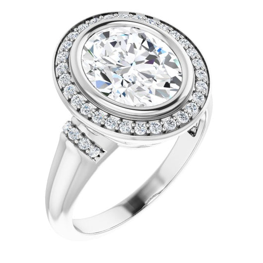 10K White Gold Customizable Bezel-set Oval Cut Design with Halo and Vertical Round Channel Accents