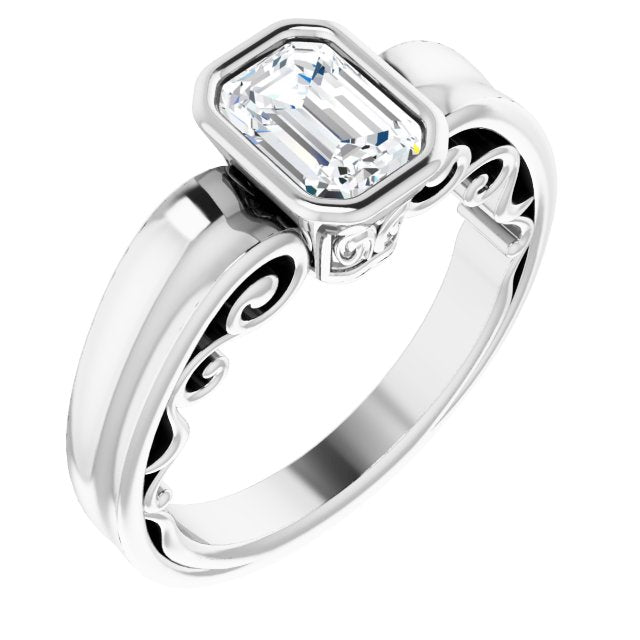 10K White Gold Customizable Bezel-set Emerald/Radiant Cut Solitaire with Wide 3-sided Band