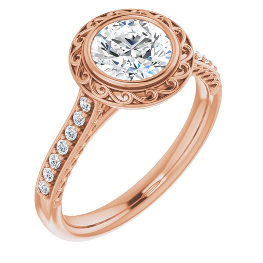 10K Rose Gold Customizable Cathedral-Bezel Round Cut Design featuring Accented Band with Filigree Inlay
