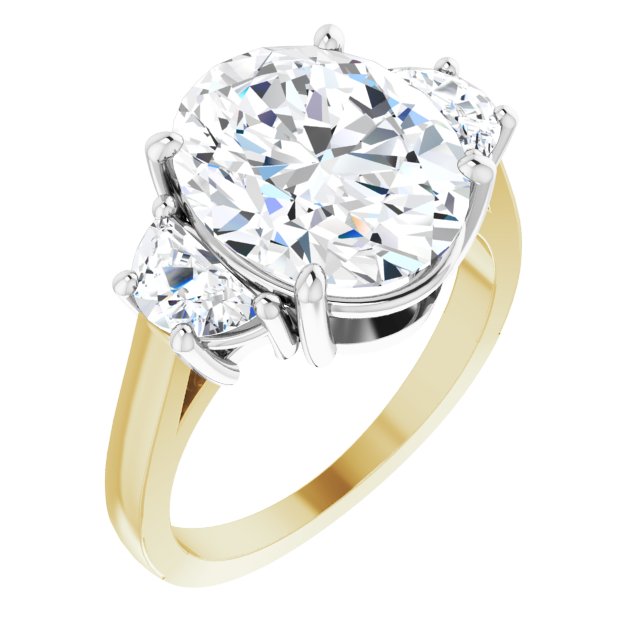 14K Yellow & White Gold Customizable 3-stone Design with Oval Cut Center and Half-moon Side Stones