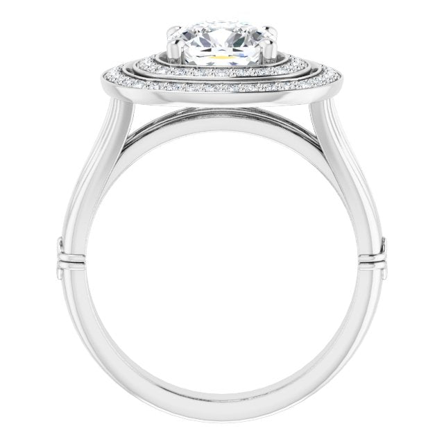 Cubic Zirconia Engagement Ring- The Cheryl (Customizable Cathedral-set Cushion Cut Design with Double Halo, Wide Split Band and Side Knuckle Accents)