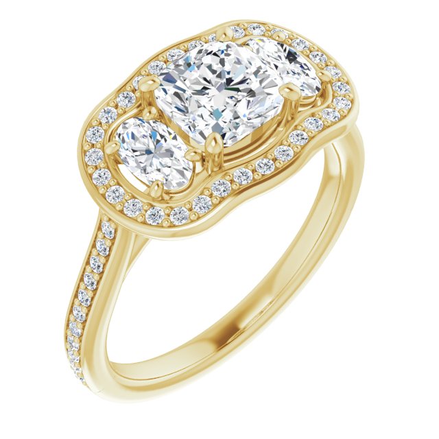 10K Yellow Gold Customizable Cushion Cut Style with Oval Cut Accents, 3-stone Halo & Thin Shared Prong Band